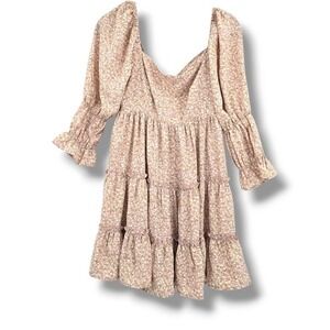 Lush Floral‎ Print Mini Dress Long Sleeve Ruffle Tiered Pink Size M